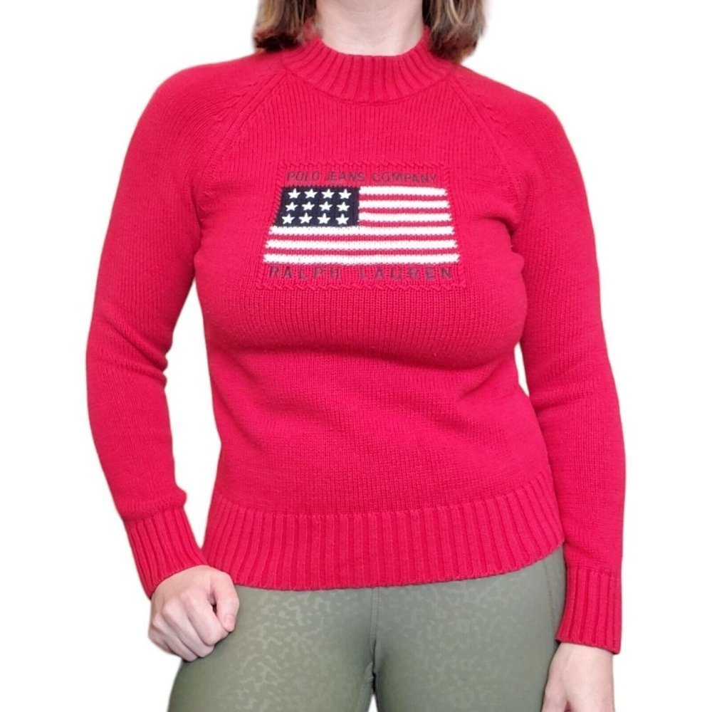 Vintage 90s Polo Ralph Lauren USA Flag Mock Sweater Red Small
